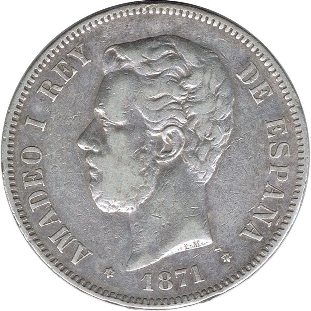 Moneda de España 5 Pesetas Plata 1871 *74 Amadeo I DE M.  - 1