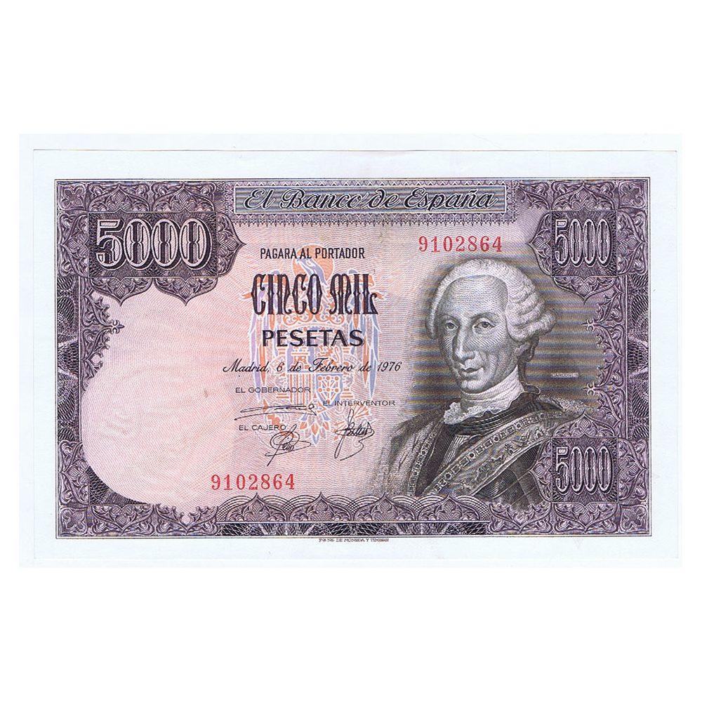 Billete de España 5000 Pesetas 1976. EBC+. Sin Serie 9102864.  - 1
