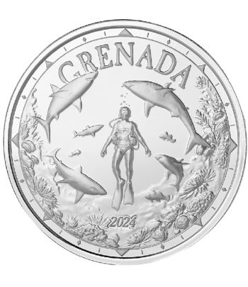 Moneda de plata 2$ Grenada Buzo y Tiburones 2024  - 1