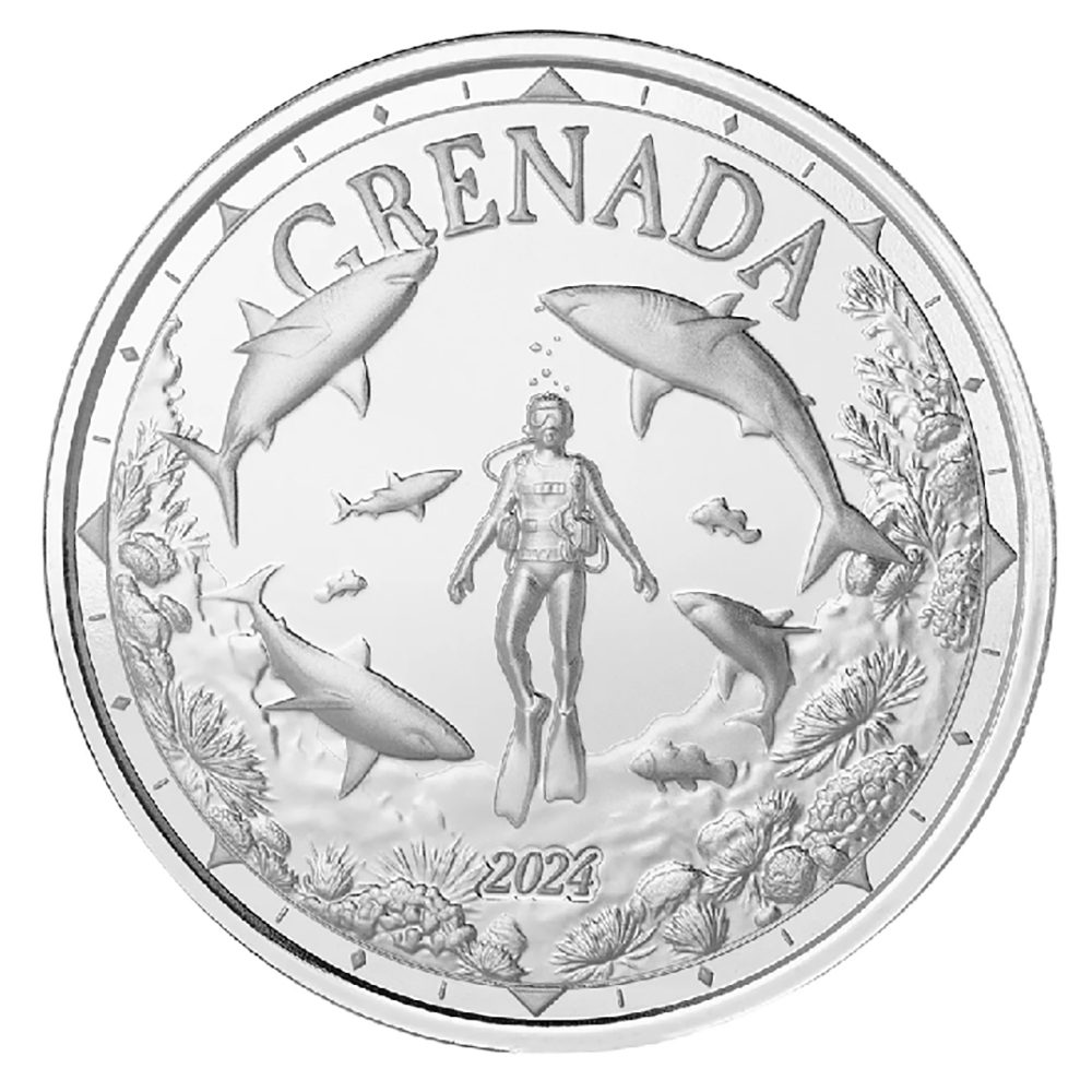 Moneda de plata 2$ Grenada Buzo y Tiburones 2024  - 1