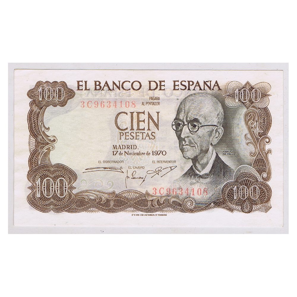 Billete de España 100 Pesetas 17 noviembre 1970 EBC-. Reverso verde  - 1