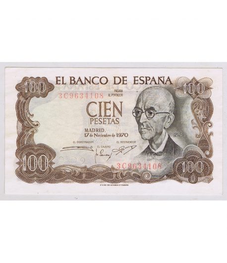 Billete de España 100 Pesetas 17 noviembre 1970 EBC-. Reverso verde  - 1