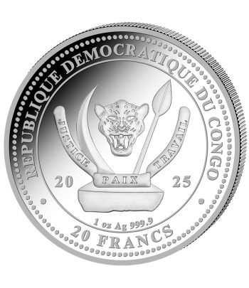 Onza Republica Dem. Congo 2025 20 Fr. León. Plata Color.  - 2