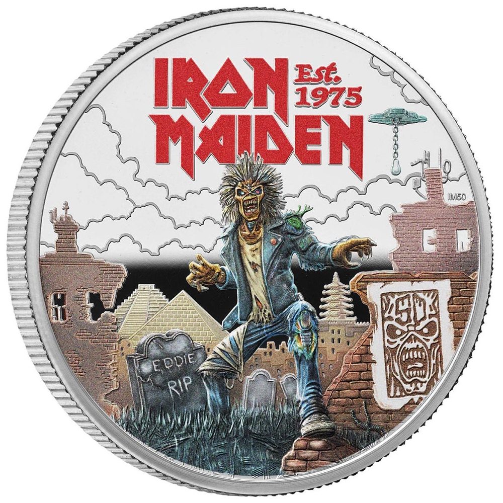 Moneda de niquel 5 Libras Inglaterra 2025 Iron Maiden. Color  - 1