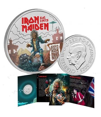 Moneda de niquel 5 Libras Inglaterra 2025 Iron Maiden. Color  - 3