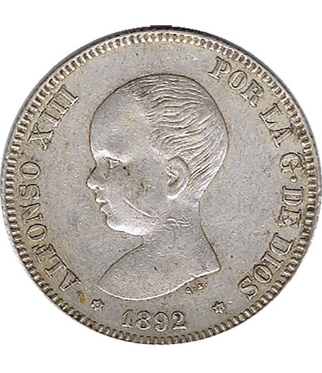 Moneda de España 2 Pesetas Plata 1892 *92 Alfonso XIII PG M.  - 1