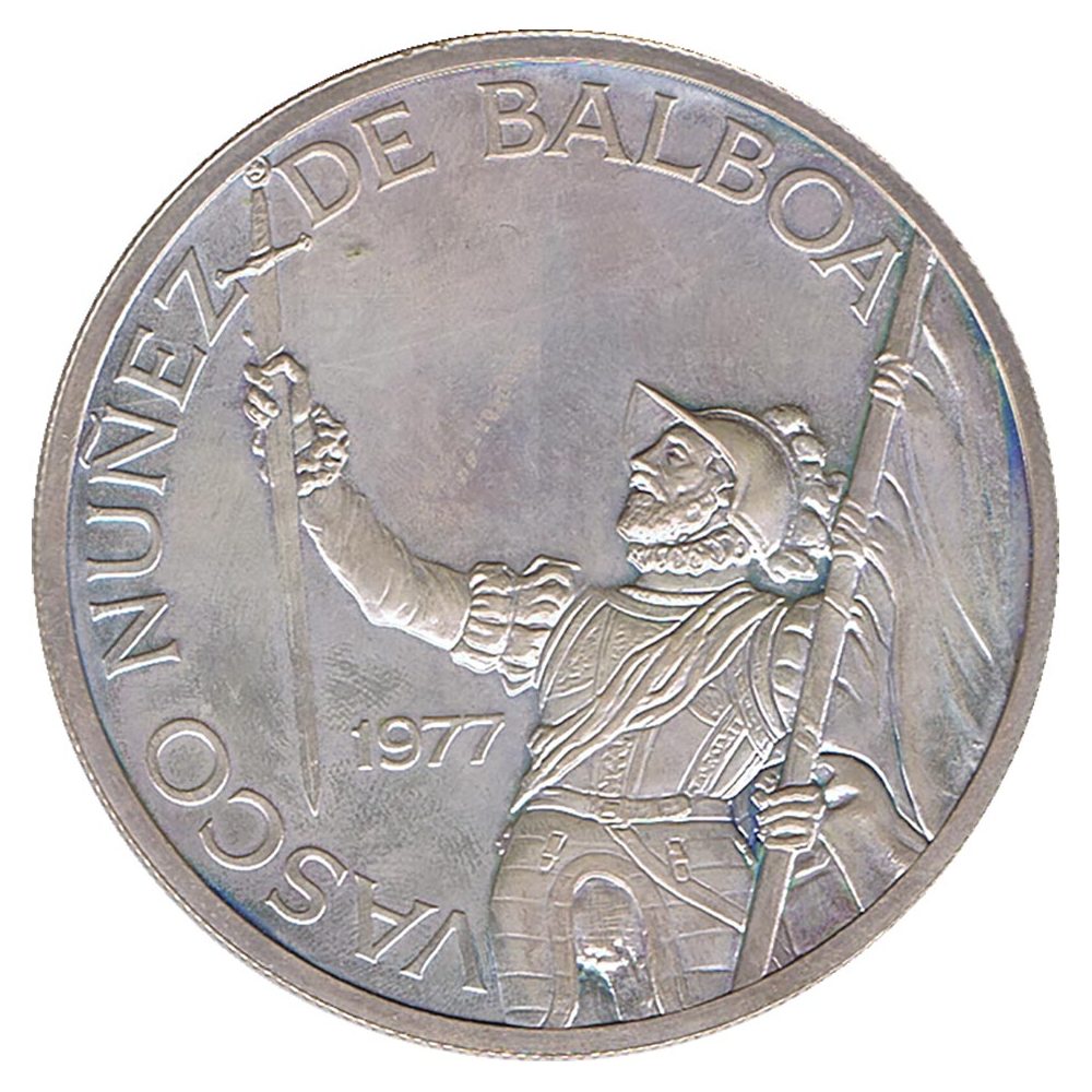 Moneda de Panamá 20 Balboas 1977 Vasco Nuñez de Balboa. Plata  - 1