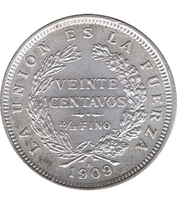 Moneda de 20 centavos Bolivia 1909. SC. Plata  - 2