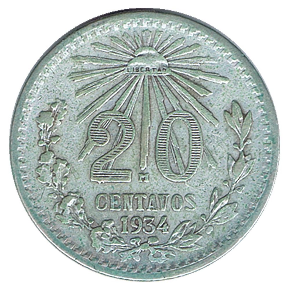 Moneda de México 20 Centavos 1934. Plata  - 1