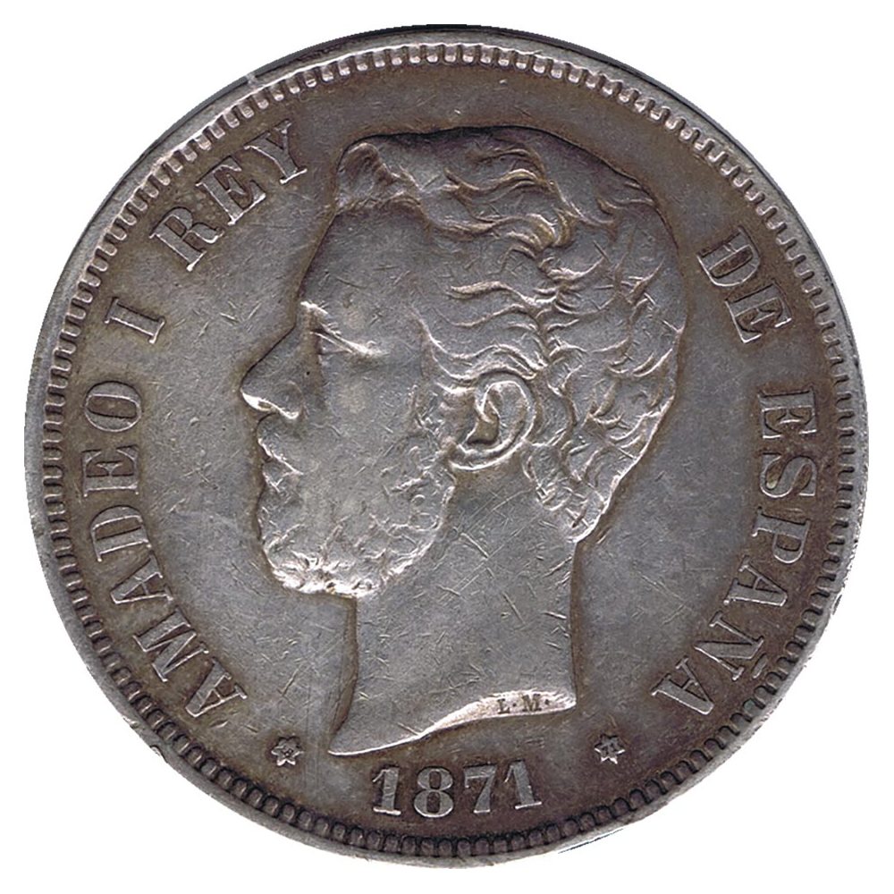 Moneda de España 5 Pesetas Plata 1871 *71 Amadeo I SD M..  - 1