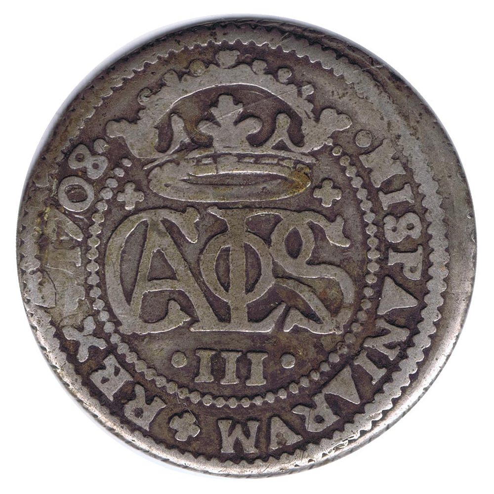 Moneda de España 2 Reales 1708 Carlos III Pretendiente. Plata  - 1