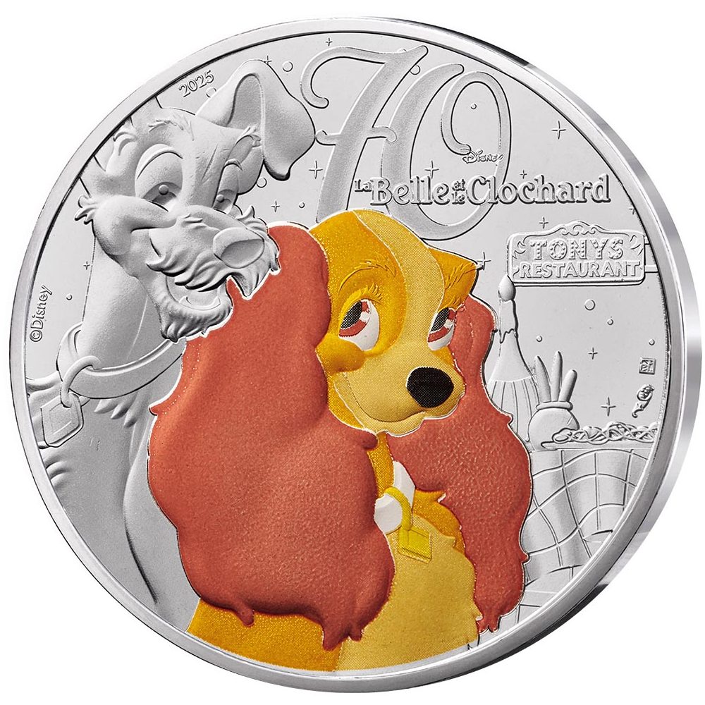 Moneda 10 euros de plata Francia 2025 Disney La Dama y el Vagabundo. Color  - 1