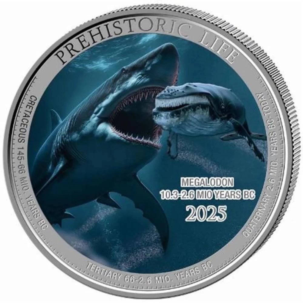 Moneda de plata 20 Francs Congo Megalodón 2025. Coloreada  - 1