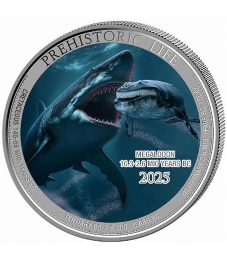 Moneda de plata 20 Francs Congo Megalodón 2025. Coloreada  - 1