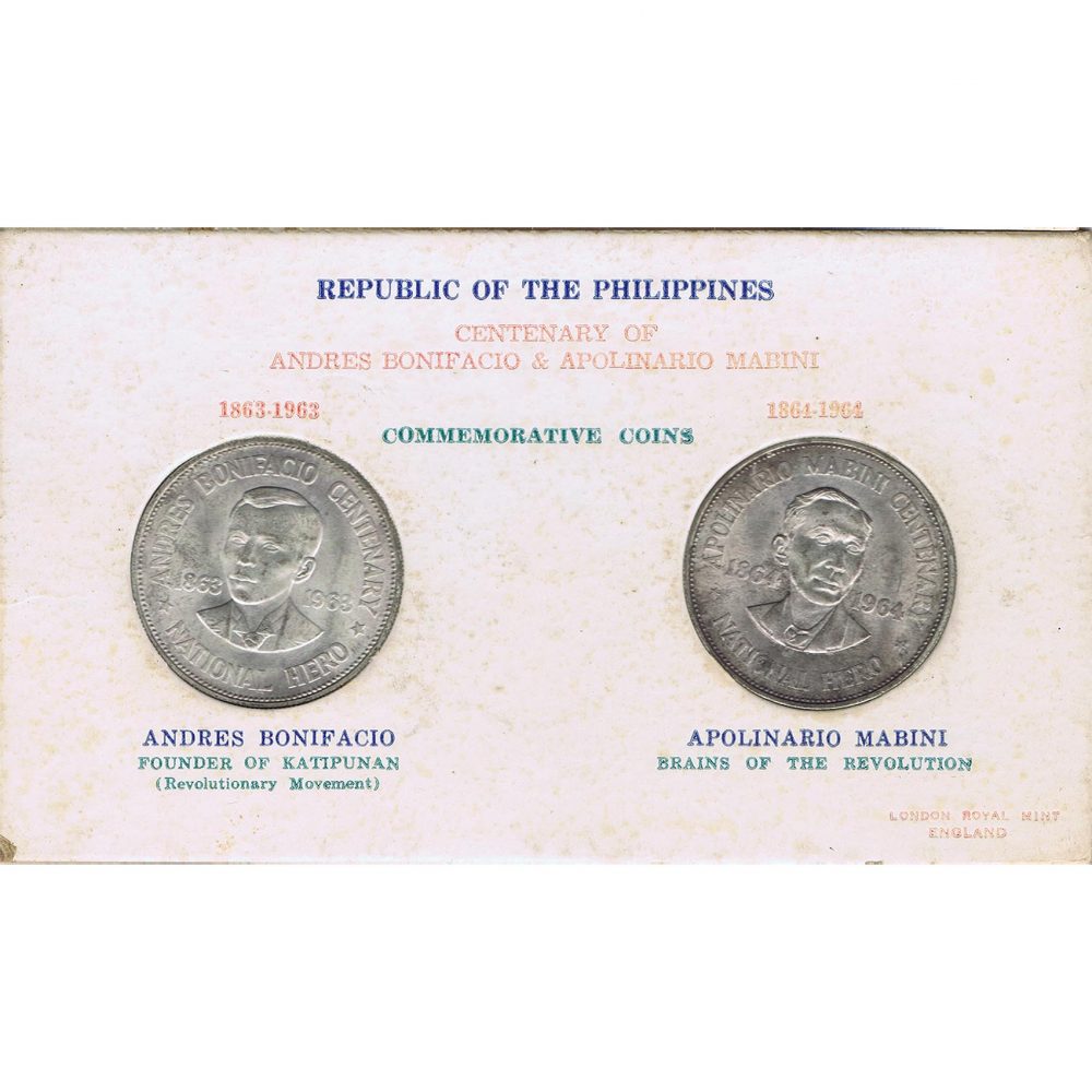 Monedas de Filipinas 1 Piso 1963 Bonifacio y 1964 Marini. Plata  - 1