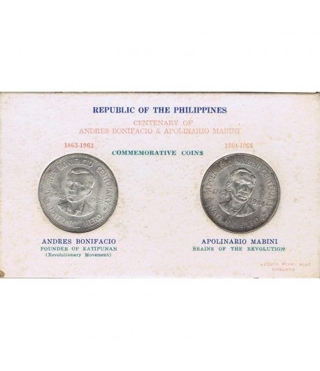Monedas de Filipinas 1 Piso 1963 Bonifacio y 1964 Marini. Plata  - 1