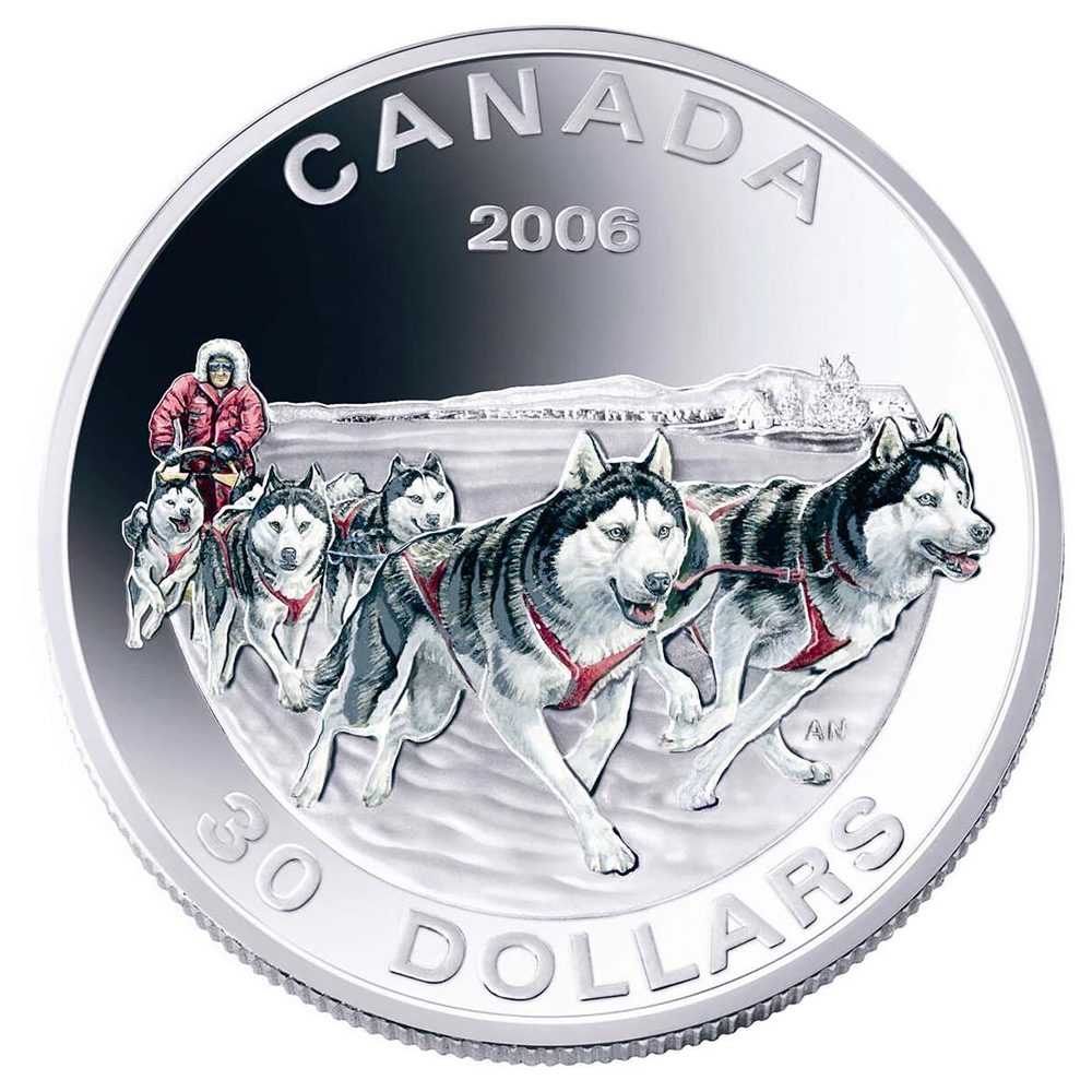 Moneda Canadá 30$ 2006 Trineo de perros Huskies. Plata  - 1