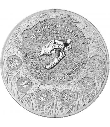 Moneda de plata 20 Dollars Liberia 2026 León Cavernario.  - 2