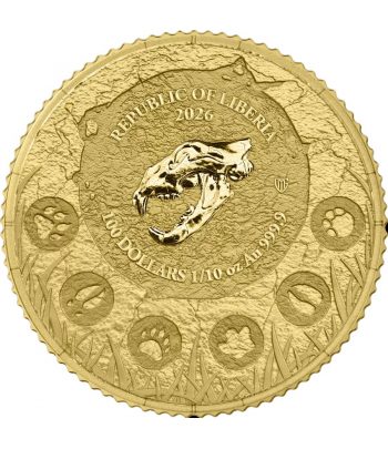 Moneda 1/10 oz. de oro 100 $ Liberia 2026 León Cavernario.  - 2