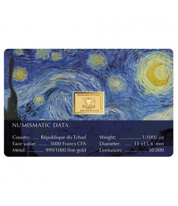 Moneda de oro Tchad 3000 Francs. Vincent van Gogh.  - 2