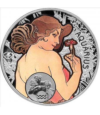 Moneda 1$ Niue 2010 Zodiaco. Acuario. Plata color  - 1
