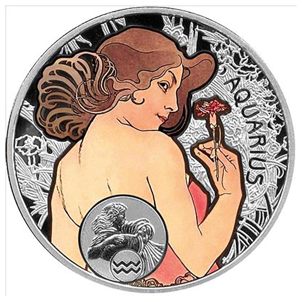 Moneda 1$ Niue 2010 Zodiaco. Acuario. Plata color  - 1