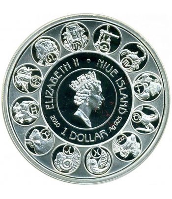 Moneda 1$ Niue 2010 Zodiaco. Acuario. Plata color  - 2