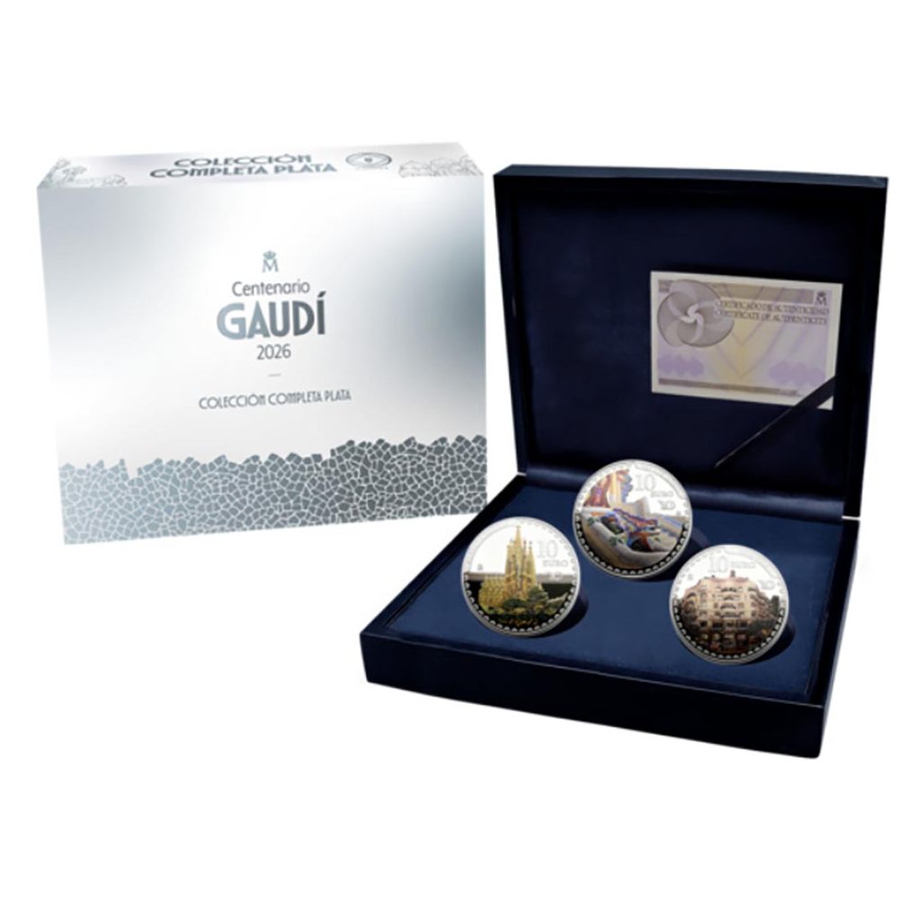Monedas 2026 Año Gaudí. Estuche conjunto 3 monedas plata.  - 1