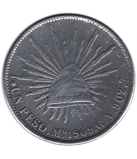 Moneda de Mexico 1 peso 1909. Plata  - 1