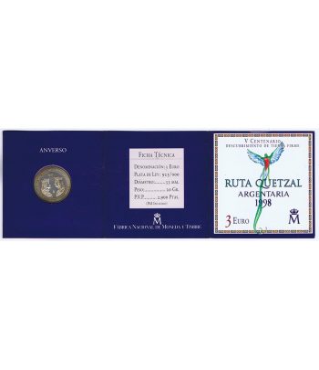 Moneda de plata de España 3 euros Ruta Quetzal 1998  - 3