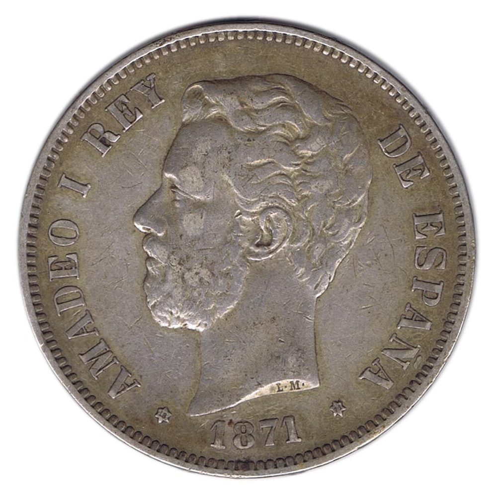 Moneda de España 5 Pesetas Plata 1871 *71 Amadeo I SD M.  - 1