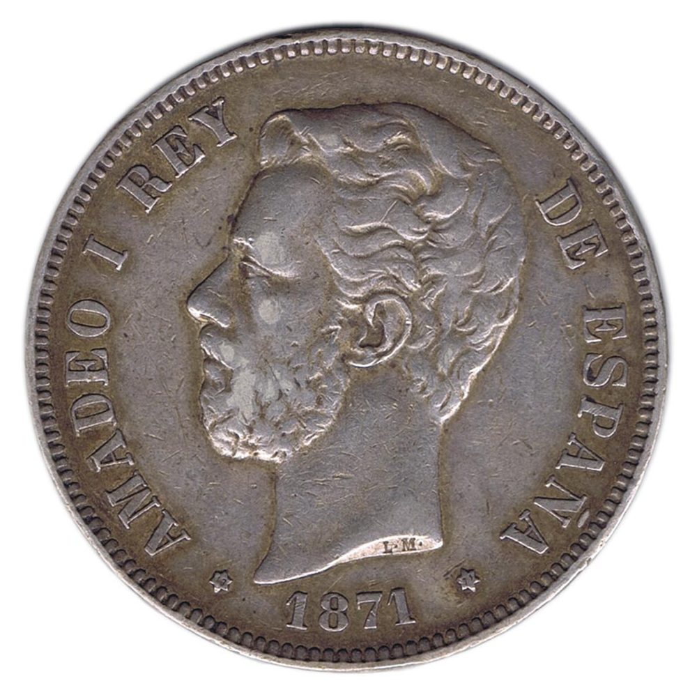 Moneda de España 5 Pesetas Plata 1871 *71 Amadeo I SD M.  - 1