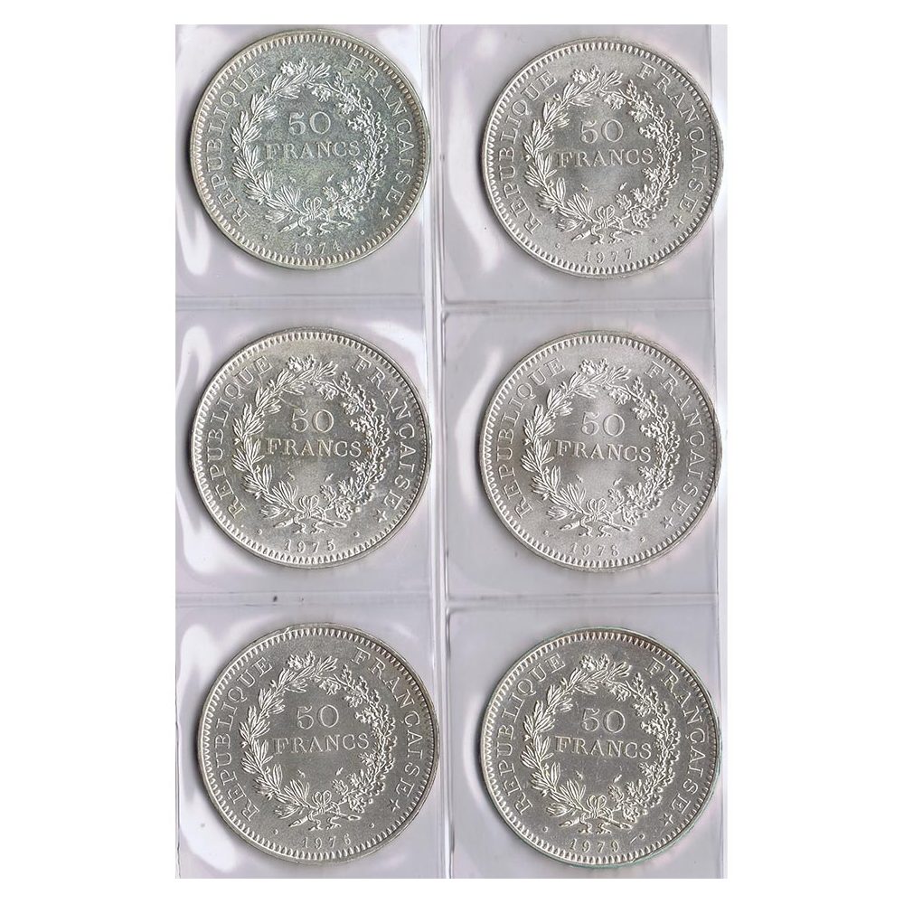 Monedas de plata 50 francos Francia 1974 a 1979. 6 monedas. SC  - 2