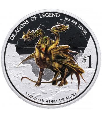 Moneda de plata 1$ Tuvalu 2013 Dragón de Tres Cabezas. Color  - 1