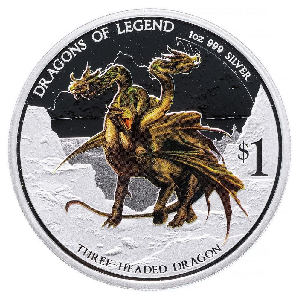 Moneda de plata 1$ Tuvalu 2013 Dragón de Tres Cabezas. Color  - 1