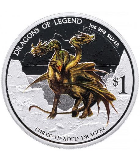 Moneda de plata 1$ Tuvalu 2013 Dragón de Tres Cabezas. Color  - 1