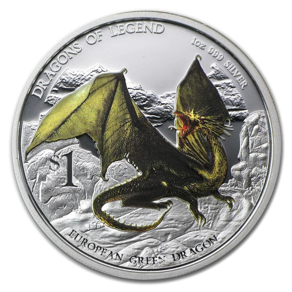 Moneda de plata 1$ Tuvalu 2013 Dragón Verde. Color  - 1