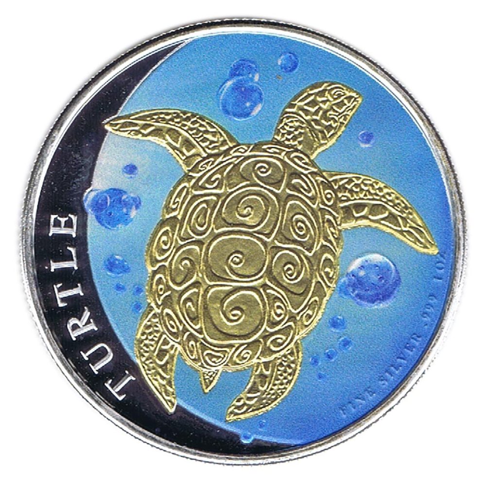 Moneda de plata 2$ Niue Tortuga Carey 2015 Dorada y azul.  - 1