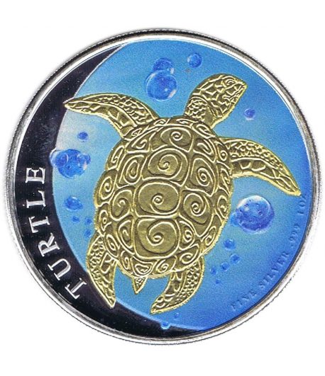 Moneda de plata 2$ Niue Tortuga Carey 2015 Dorada y azul.  - 1