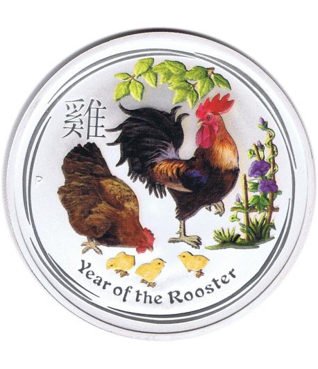 Moneda de plata 1$ Australia Lunar Gallo 2017. Color  - 1