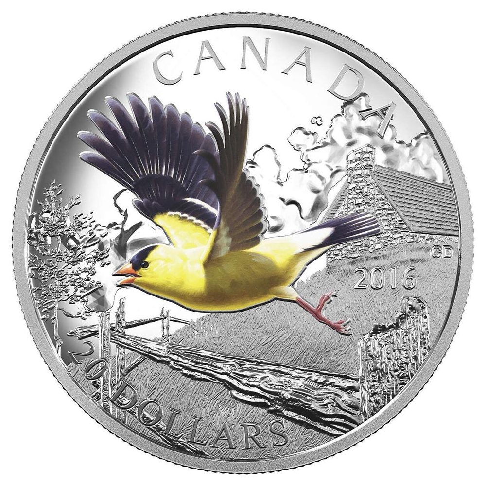 Moneda de plata 20$ Canadá 2016 Jilguero Americano.  - 1