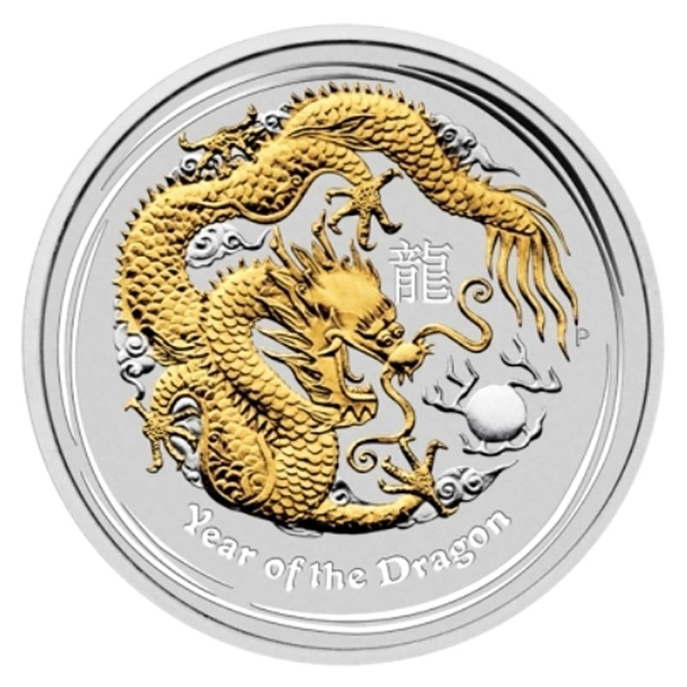 Moneda de plata 1$ Australia Lunar Dragón 2012. Dorado.  - 1