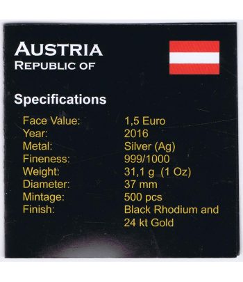 Moneda de plata 1,5 euros Austria Filarmonica 2016. Rodio.  - 3