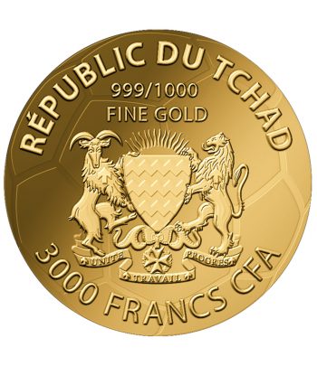 Moneda de oro Tchad 3000 Francs. Balón Bandera España.  - 2