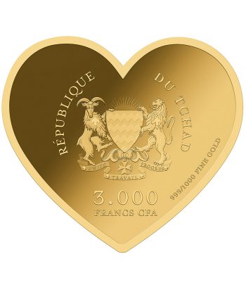 Moneda de oro Tchad 3000 Francs. Corazón Bandera España.  - 3