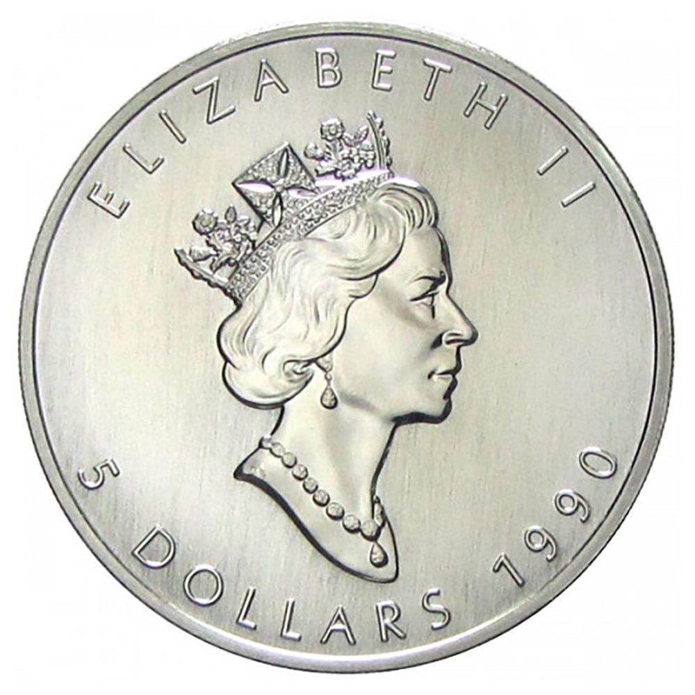 Moneda onza de plata 5$ Canadá Maple 1990.  - 1