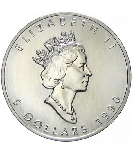 Moneda onza de plata 5$ Canadá Maple 1990.  - 1