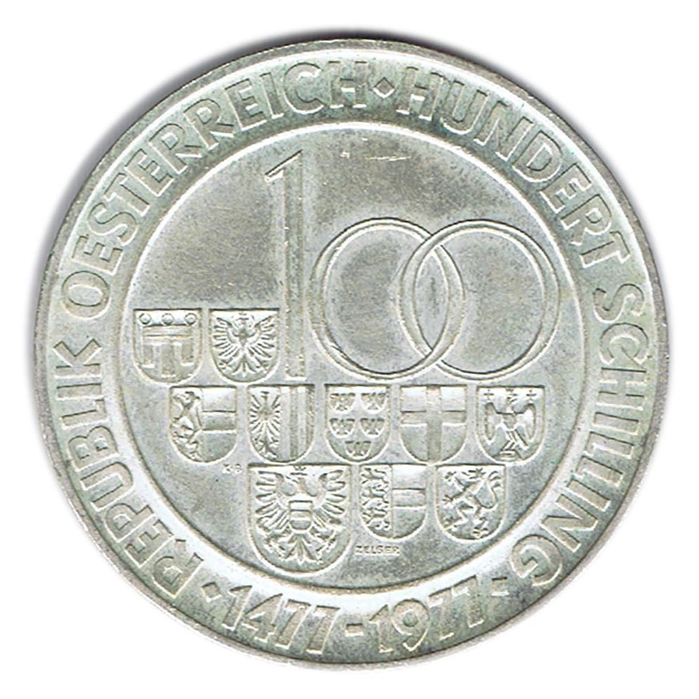 Moneda 100 schilling Austria 1977 Casa de la Moneda de Hall. Plata  - 1