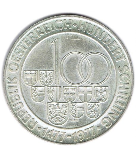 Moneda 100 schilling Austria 1977 Casa de la Moneda de Hall. Plata  - 1