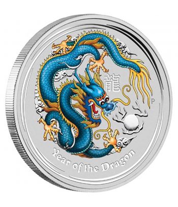 Moneda de plata 1$ Australia Lunar Dragón 2012. Color Azul.  - 1